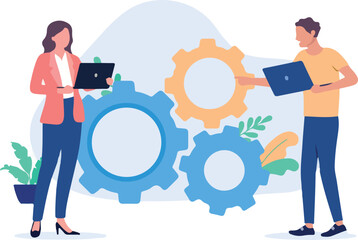 Solving problem - Two office people, man and woman with laptop computers working with cogwheels in background. Flat design vector illustration with white background