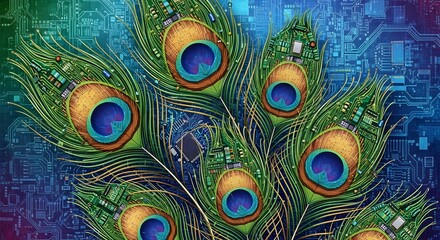 Cybernetic Plumage: Peacock Feathers Merging with a Glowing Circuit Board