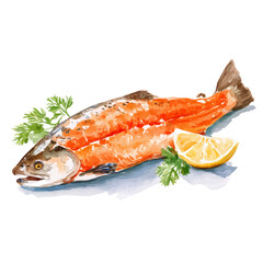 A watercolor painting of Baked Salmon, vector illustration on white background.