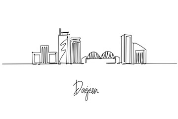Daejeon South Korea city skyline in a continuous line drawing featuring Expo Bridge Sky Road and Hanbat Arboretum, a city skyline concept themed for travel posters minimalist decor and wall art.