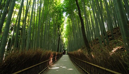 Obraz premium Lantern-lit path winding through dense bamboo forest, shadows dancing in warm glow.