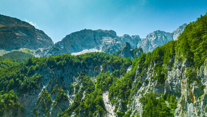 Aerial view of Rinka Waterfall in the stunning Logar Valley, Slovenia. Surrounded by the...
