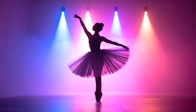 En Pointe Silhouette: Ballerina Bathed in Hazy, Multicolored Spotlights