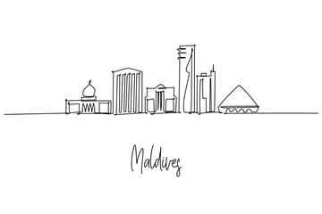 Fototapeta premium Maldives city skyline in a continuous line drawing featuring Male Islamic Centre Sinamale Bridge and towers, a city skyline concept with Indian Ocean island travel theme for wall art and decor.