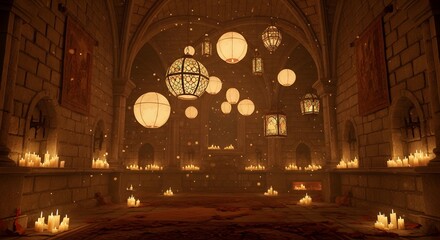 Mystical Castle Hall: Candlelit Ambiance with Hanging Lanterns and Stone Arches