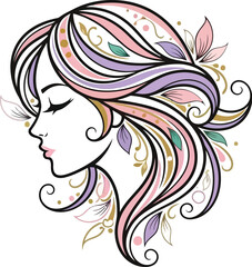 Illustration of a woman's profile with colorful floral hair on a white background design element