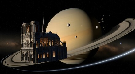 Celestial Notre Dame: A Gothic Cathedral Adrift by Saturn's Rings