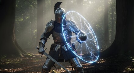 Armored Knight Wields a Crackling Lightning Shield in a Sun-Dappled Forest