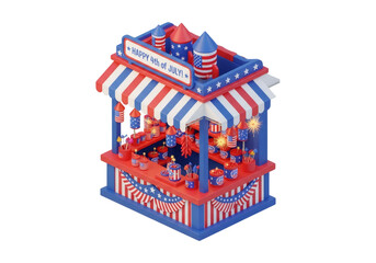 Red White and Blue Fireworks Stall with Stars and Stripes and Festive Pyrotechnics for Independence Day Celebration on Transparent Background