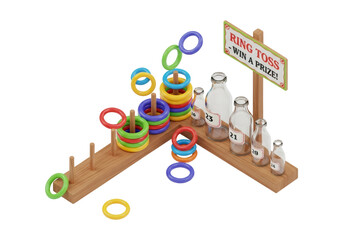 Ring Toss Game Setup with Wooden Stand and Colorful Rings Offering Prizes on Black Background