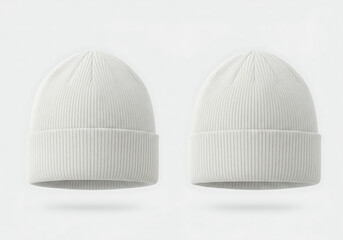 Two White Ribbed Knit Winter Beanies Mockup