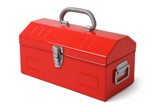 Red metal toolbox closed with transparent background for easy isolation