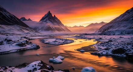 Vibrant Sunset Ignites a Jagged Peak and Winding Icy River