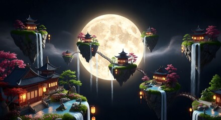 Celestial Archipelago: Floating Pagodas and Waterfalls Beneath a Luminous Full Moon
