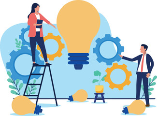 Creative business idea and innovation concept – Businesspeople working with light bulb and gear mechanism together creating ideas and solutions. Flat design vector illustration on white background
