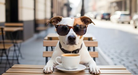 Cool Jack Russell Terrier with Sunglasses Enjoying Coffee at Outdoor Cafe