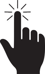 Digital interaction icon a black silhouette of a hand with a pointing finger activating a digital interface with sparkles