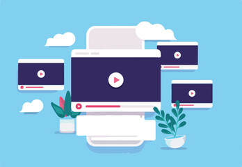 Mobile phone with videos - Watching movie tube clips on smartphone with player windows floating around. Social media and content concept in semi flat vector design