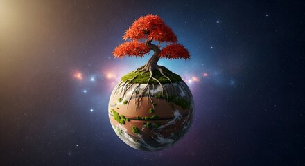 Cosmic Bonsai: A Vibrant Red Maple Tree Flourishes on a Miniature Earth-like Planet Against a Starry Galaxy Backdrop