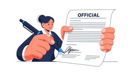 Smiling businesswoman in a blue suit signing an official document, a stylized vector illustration of a legal agreement.