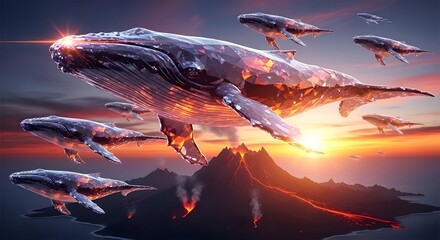 Crystalline Whales Soar Above Volcanic Sunset:  A Surreal Digital Art Masterpiece