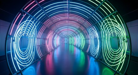 Neon Dreamscape: Immersive Tunnel of Vibrant Circular Lights