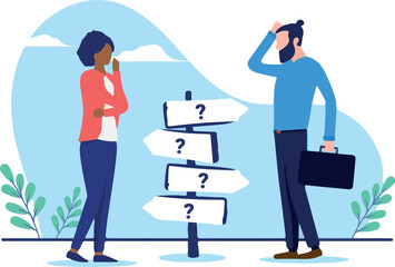 Business difficult choices - Man and woman trying to make a choice for the road ahead. Uncertainty and doubt concept. Flat design vector illustration with white background