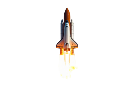 Sleek Silver Rocket Launch with Fiery Exhaust and Smoke Clouds, Isolated on Transparent Background