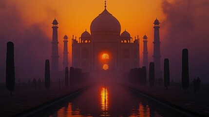 Taj Mahal at sunrise, misty view