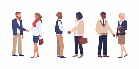 Obraz premium Diverse business professionals in formal attire shaking hands and standing together