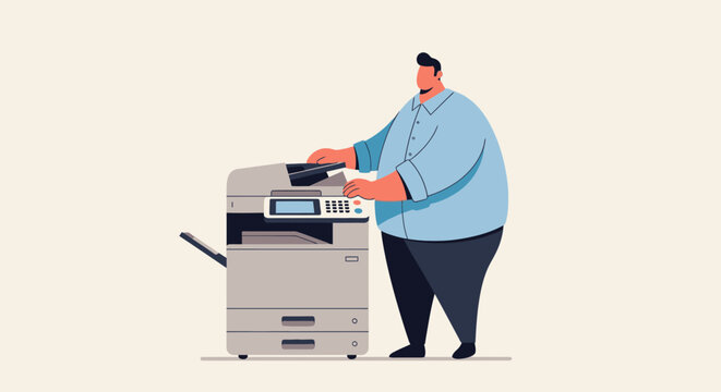 A large man with black hair in a blue collared shirt operates a multifunction office printer.