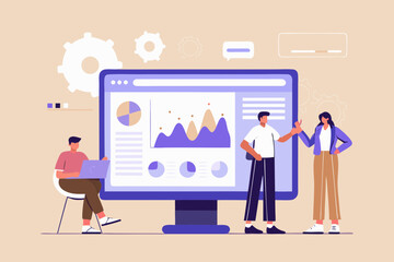 Team analyzing data and charts on a large computer screen