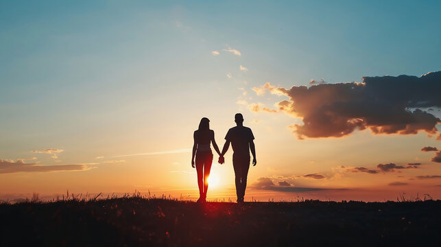 Minimalist Silhouette of Couple Holding Hands at Sunsets - Powered by Adobe