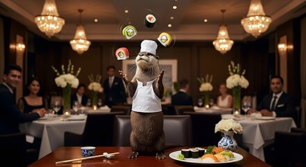 Otter Chef Juggling Sushi Rolls in Elegant Restaurant Setting