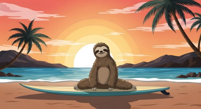 Serene Sloth Surfer: Cartoon Sloth Meditating on Surfboard at Sunset Beach