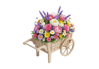 Wooden Cart Filled with Colorful Flowers Pink Peonies Lavender and Daisies Transparent Background Isolated Decorative Floral Arrangement 3D Render