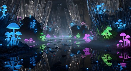 Ethereal Glow: Bio-luminescent Fungi in Crystal Cave