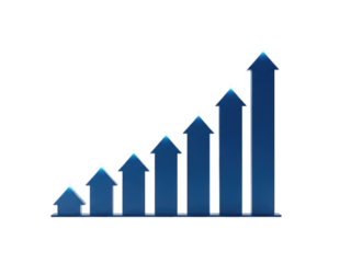 Ascending blue graph with arrowheads against a black background, indicating growth
