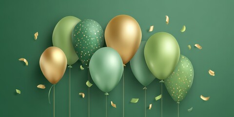 A festive arrangement of gold and green balloons with gold confetti scattered against a muted green background