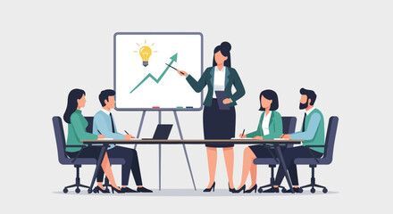 Businesswoman presenting growth chart and lightbulb idea to team
