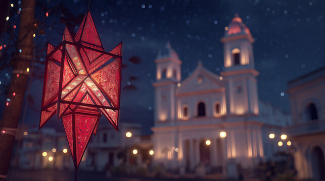 Bright Red Parol Lantern Highlights Simbang Gabi Spirit Outside Filipino Cathedral on Christmas Season Night