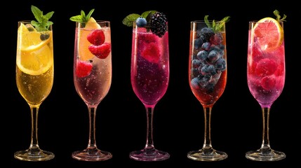 French 75, Kir Royale cocktail PNG set bundle, transparent isolated background. Mixology, bar menu cocktails, colorful vibrant refreshing drink with garnish