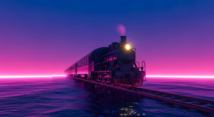 Steam Train on Water: Neon Sunset, Futuristic, Retro-Wave Aesthetic.