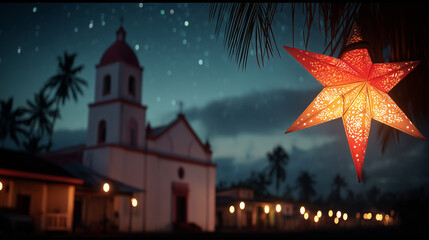 Star Lantern Hanging by a Provincial Church Under Night Sky During Simbang Gabi Christmas Observance in the Philippines