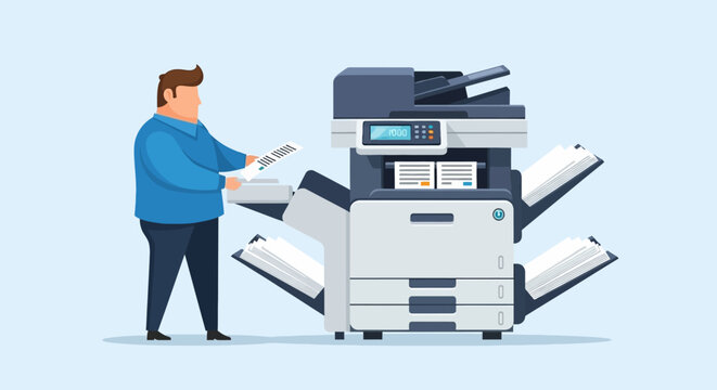 Man in a blue shirt using a large multifunction office printer to copy documents.