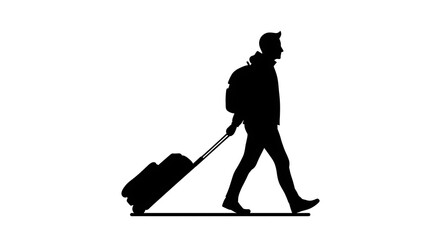 Silhouette of a male traveler walking with a backpack and pulling a rolling suitcase, isolated vector illustration for travel and tourism concepts.