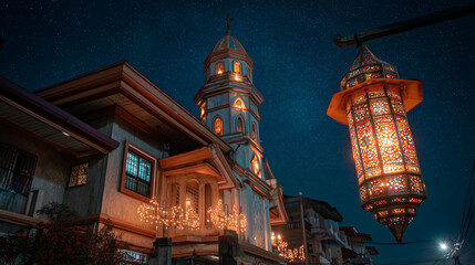 Obraz premium Illuminated Lantern and Church Tower in a Filipino Town Celebrating Simbang Gabi Christmas Tradition at Night