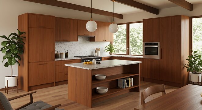 modern kitchen interior eak cabinetry and terrazzo countertops