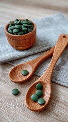Dark green supplement pills in wooden bowl and spoons