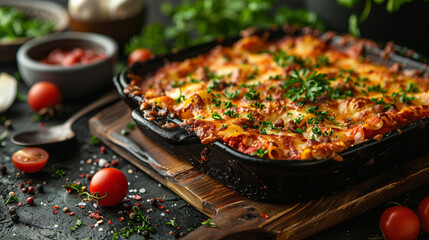 Baked pasta dish with cheese and herbs on dark kitchen counter
